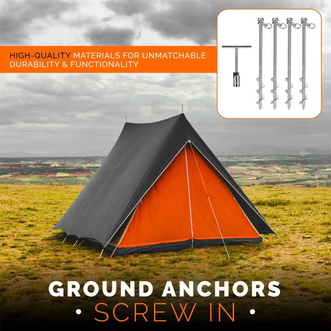 Tent anchored with Heavy Duty Steel Screw Ground Anchors Set Of 4, 12 Inch Silver Metal Stakes for high wind resistance.