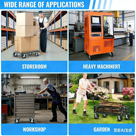 8-inch pneumatic rubber caster wheels; set of four shown on a warehouse cart, industrial machine, workshop cabinet, and garden wagon.