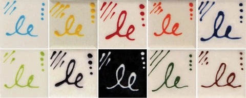 Assorted colors displayed from All 10 Colors Designer Liner Ceramic Glaze Kit With 1.25 Ounce Bottles For Fine Detail Lines Dots And Letters Includes Free Instructional Booklet Clay Based And Heavily Pigmented With A Metal Writer Tip From Mayco, showcasing glaze effects on ceramic surface.