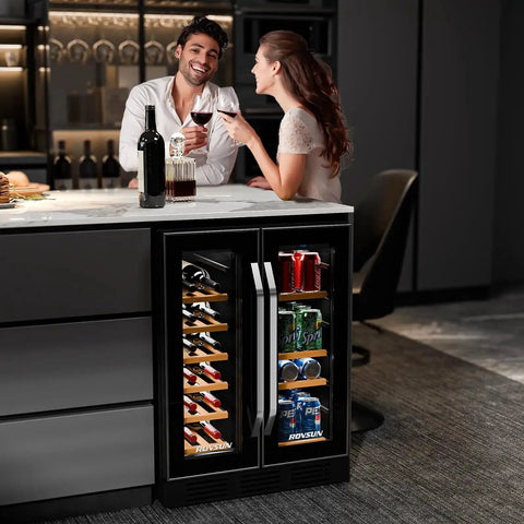 34 Bottle Dual Zone Wine And Beverage Fridge With Independent Temperature Control And LED Panel under counter in modern kitchen
