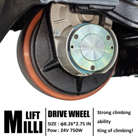 Close-up of Millilift electric pallet jack drive wheel and motor housing; orange wheel, blue hub.