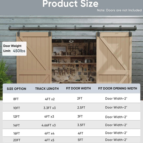 Heavy Duty 16 Foot Barn Door Hardware Kit Sliding Track System For Two Doors Wall Mount Black No Doors Included Built To Last Supports Up To 450 Lbs Fits Doors One And Three Eighths To One And Three Quarters Inches Thick Galvanized Steel shown with size options.
