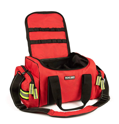 Fully Stocked First Responder Medical Kit For EMTs And Pros with open Scherber red bag showing compartments