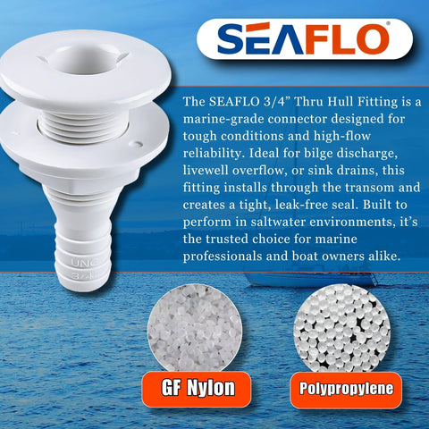 Seaflo 3/4 in through-hull fitting, polypropylene, white marine bilge outlet connector