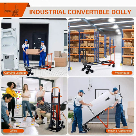 Three In One Industrial Convertible Hand Truck With 1000 Lbs Capacity used for carrying luggage, warehouse transporting, office tasks, and moving appliances.