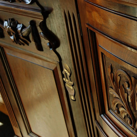 Golden Furnace Brass Cabinet Pulls Set of 2 3.5 Inch Floral Antique Style Solid Brass Handles for Furniture and Cabinetry With Decorative Washers on vintage wooden cabinet in detailed view