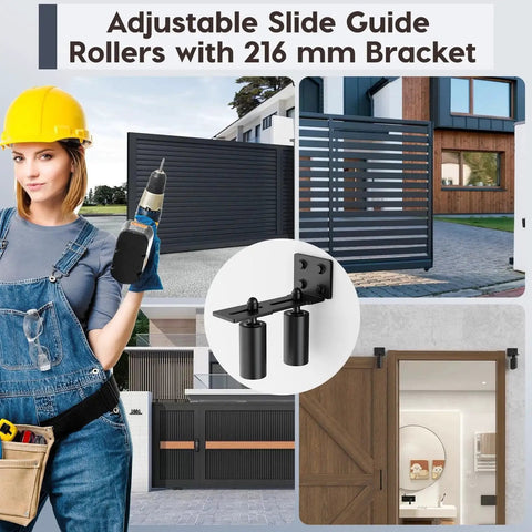 Heavy Duty Sliding Gate Roller Bracket Kit With L Rear Post Steel Bracket for Sliding Rolling Gates shown in use.