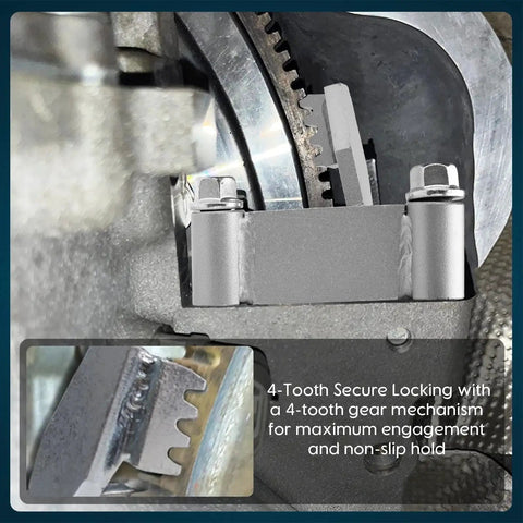 Installed Chelhead flywheel locking tool in silver with 8.8 bolts on LS flywheel; 4-tooth gear mechanism
