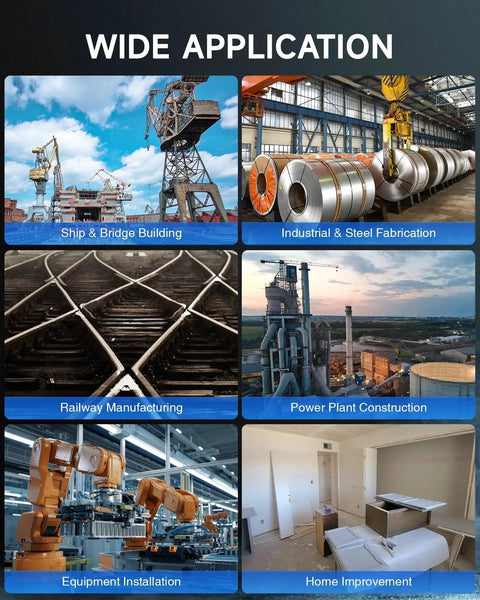 Collage showcasing Beast 1550W Magnetic Drill Press applications: ship building, steel fabrication, power plants, railways.