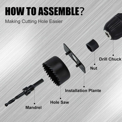 Assembly components of Pro-Grade Hole Saw Kit With 20 Pieces From 3/4 Inch To 6 Inch Holes, including mandrel and drill chuck.