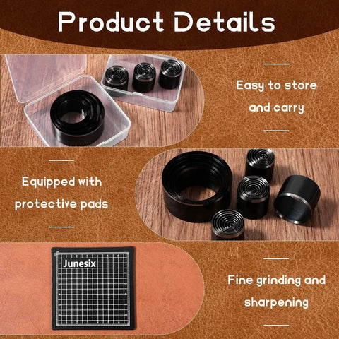 Leather Circle Cutter Tool Set 31 Piece Pro Grade Punch Kit With High Carbon Steel Round Dies in storage case and cushion pad.