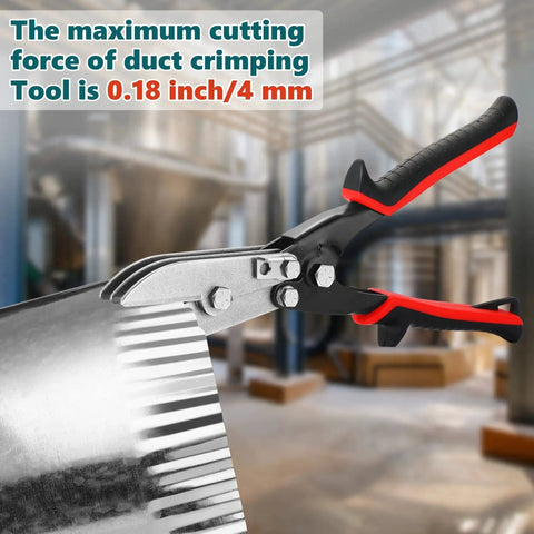 5 Blade Hand Crimper for Sheet Metal, 10.5 Inch HVAC Duct Tool in use, featuring ergonomic black handle and red accents, crimping metal.