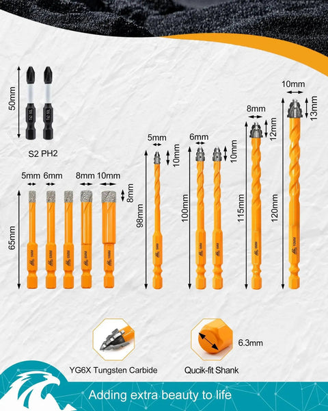 12 Piece Diamond Drill Bits Set For Tile Masonry And Wood With 1/4 Inch Quick Change Hex Shank Includes 3/16 5mm 1/4 6mm 5/16 8mm And 3/8 10mm Bits Plus PH2 Bits For Home Pros And DIYers displayed with size details