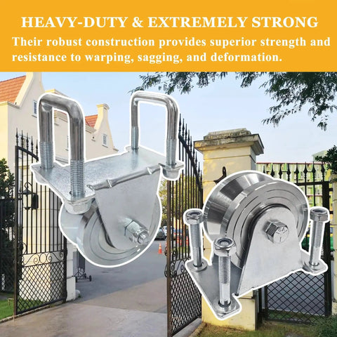2 Pack 4 Inch Heavy Duty V Groove Sliding Gate Roller Wheels With No Weld Installation And External Brackets 6600 Pound Capacity For Inverted Gate Systems Zinc Plated Anti Rust Finish, close-up view