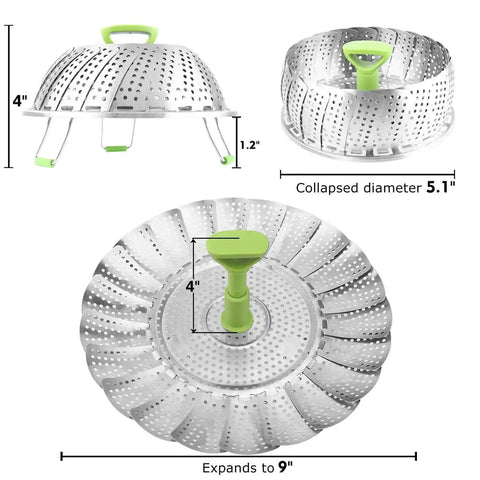 Vegetable Steamer Basket For Cooking Stainless Steel Folding Expandable Steaming Insert With Extendable Handle Fits Pots 5.1 To 9 Inches