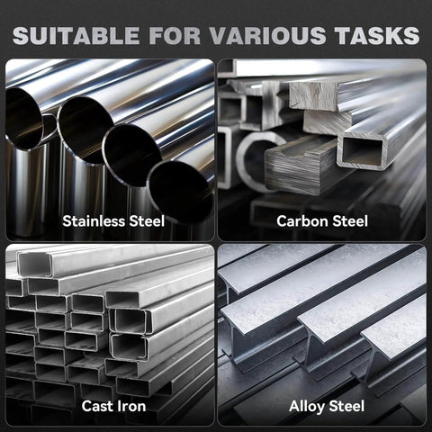 Various types of metal rods: stainless steel, carbon steel, cast iron, and alloy steel suitable for welding tasks.