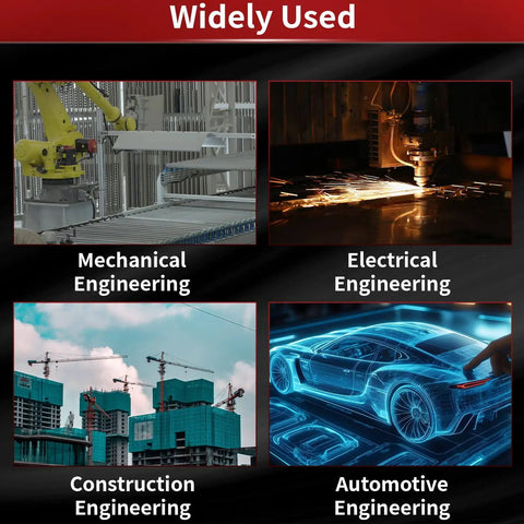 Widely used in mechanical, electrical, construction, and automotive engineering; four illustrated scenes of industrial applications.
