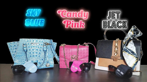 Three handbags labeled Sky Blue, Candy Pink, Jet Black with matching Opti Mitts mitt shaped microfiber eyeglass cleaning cloths.