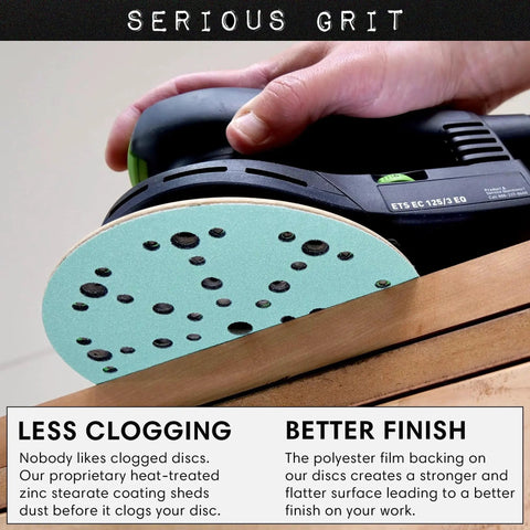 6 Inch 49 Hole 120 Grit Hook And Loop Sanding Discs For Festool Sanders 50 Pack shown on sander in use