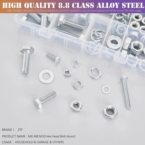 All In One Heavy Duty M6 M8 M10 Nuts Bolts Set With Washers Nine Most Common Sizes 188 Piece Hex Machine Screws Zinc Alloy Steel Grade Eight Eight Bulk Hardware Kit For Home Garage And Do It Yourself Projects displayed on a white surface with box.