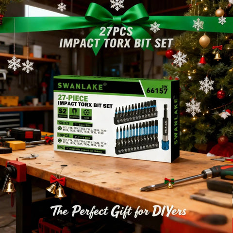 Heavy Duty Impact Torx Bit Set 27-Piece with 1 in and 2 in bits, magnetic driver, S2 steel, displayed in workshop with holiday decor.
