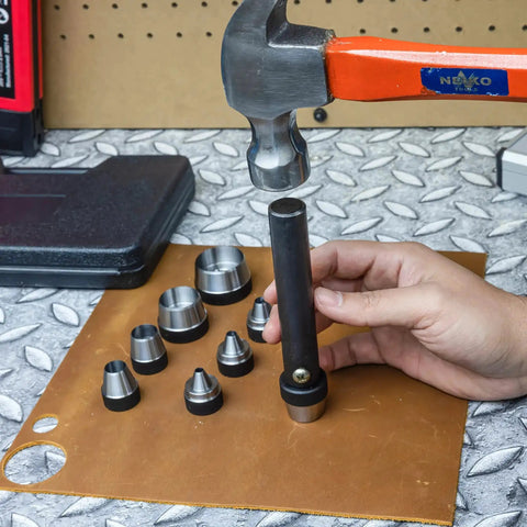 Interchangeable Large Hollow Hole Punch Tool Set, 10 Piece for Gasket Making and Leather Punching in use with drive handle
