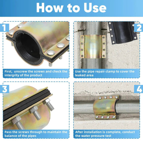 How to use Emergency 4 Inch Water Pipe Repair Clamp Kit for leaks and quick fixes on PE PVC steel iron pipes, showcasing installation steps.