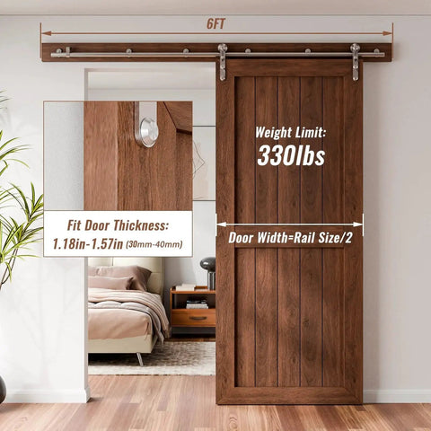 Stainless Steel Sliding Barn Door Hardware Kit 6 Foot, Smooth Quiet Operation, Easy Install, Heavy Duty Track For 36 Inch Single Wood Door