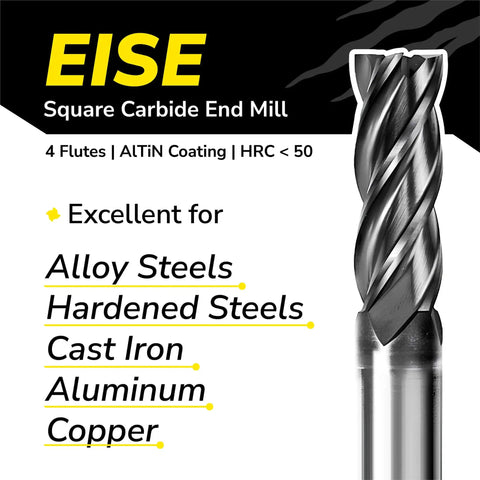 One Eighth Inch Carbide Square End Mill Set With Four Flutes For Alloy Steels Hardened Steels Aluminum Copper Cast Iron Stainless Steel AlTiN Coated CNC Router Bits 5 Pc Heavy Duty Shop Grade Milling Bits