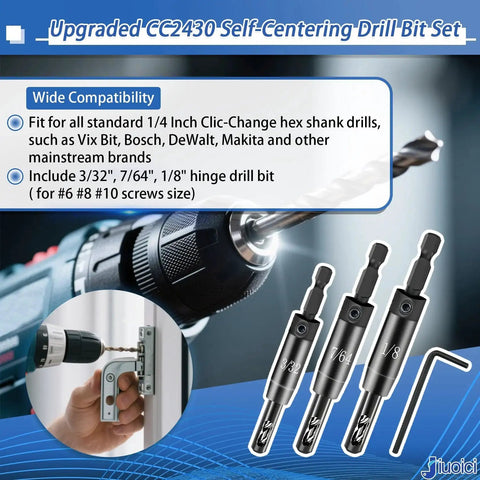 Upgraded Self Centering Hinge Drill Bit Set CC2430 Pro Grade Go-To Tool Includes Three Pilot Hole Bits In Sizes Thirty Seconds Inch Sixty Fourths Inch And Eighth Inch For Quarter Inch Clic Change Hex Shank Drills And Hinges.