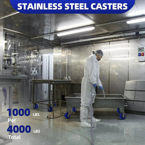 Worker in lab with Stainless Steel 5 Inch Heavy Duty Caster Wheels With Anti Corrosion Rust Proof Design Blue Solid Polyurethane Wheel.