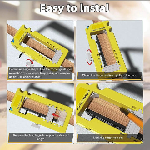 All-In-One Door Hinge Jig Kit For Routers, Adjustable Template For Three To Five Inch Door Hinge Mortises, in use on wood surface.