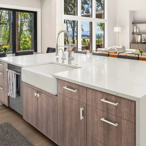 Modern kitchen with 10 Pack 5 Inch Brushed Nickel Cabinet Pulls For Cabinets And Furniture, highlighting brushed nickel finish on drawers.