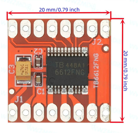 Close-up of TB6612FNG dual motor driver board, four-pack for Arduino Raspberry Pi, compact design with dimensions 20mm x 20mm.