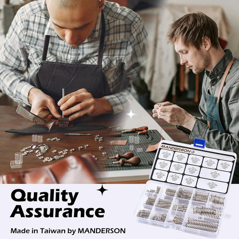 Manderson 185-piece compression springs assortment kit in a plastic case; stainless steel springs in 13 sizes.