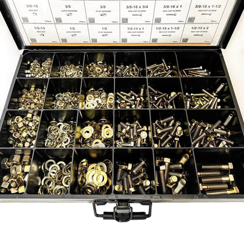 Must-Have Grade 8 Yellow Zinc Fastener Kit With 1,275 Pieces, Hex Head Cap Screws, Nuts, Washers in metal drawer