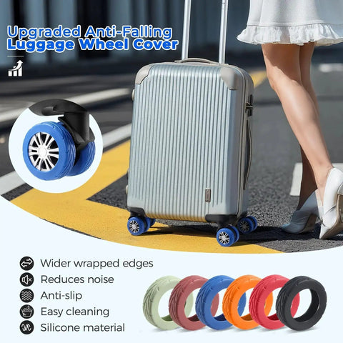 Upgrade Luggage Wheel Covers 8 Pack for carry on suitcases, blue silicone protectors shown on wheeled suitcase for smoother travel.