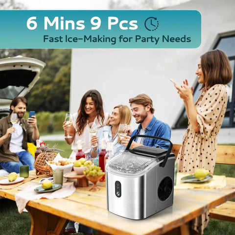 Portable Countertop Ice Maker With Carry Handle 9 Cubes In 6 Minutes Auto Clean on outdoor table at picnic