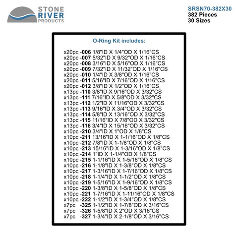 Square Ring Kit 382 Piece Assortment With 30 AS568 Sizes NBR 70A Buna N Square Cut Seals contents list on image