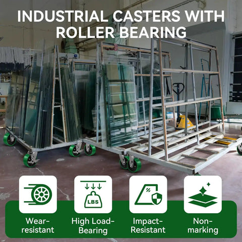 Industrial Swivel Caster Wheels Set Of 4 Heavy Duty Polyurethane Casters With 4000 Lb Load Capacity shown on workshop cart