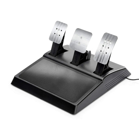 Thrustmaster T300RS GT pedal set with three aluminum pedals on a black base, front view