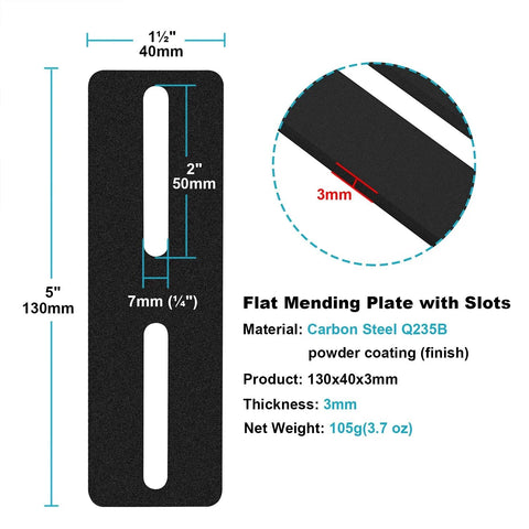 Diagram of Ten Pack Five Inch Black Flat Mending Plates With Long Slots, showing dimensions and material details