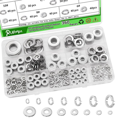 Ruibapa 360-piece stainless steel flat and lock washer set in 7 SAE sizes (1/2, 3/8, 5/16, 1/4, 10#, 8#, 6#) for bolts