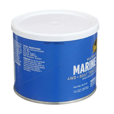 Side view of Blue 14 Oz Water Resistant Marine Grease in Aluminum Complex Formula Adhesive Non Blend Water Wash Out Resistant Lubricant