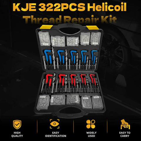 322-Piece Pro Grade Helicoil Thread Repair Kit With Metric M5 To M12 And SAE One Quarter To One Half Inch Thread Restorers HSS Drill Bits Taps Thread Inserts Break Off Tools And Complete Automotive Repair Set in plastic carrying case with red and blue tools.