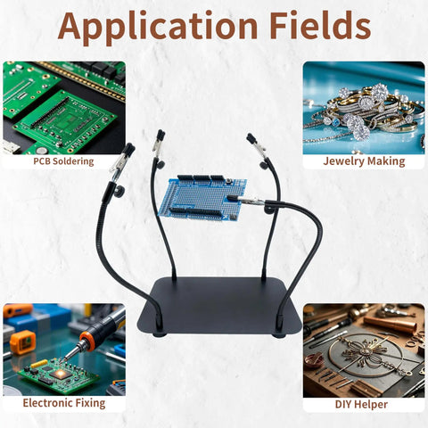 Upgraded Helping Hands Soldering Station With Four Flexible Arms showing applications in electronics repair and jewelry making