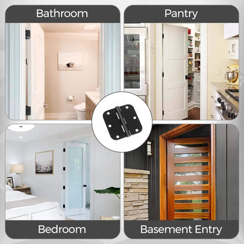 Collage showing bathroom, pantry, bedroom, and basement with 30 Pack Matte Black Door Hinges 3.5 Inch Radius Five Eighth Inch Interior