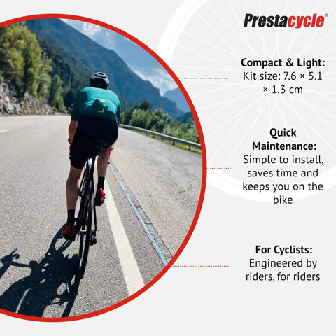 Cyclist riding on a road bike, highlighting use of 3 Way Spin Head Rebuild Kit With O Rings And Presta Valve Washers for tire maintenance.