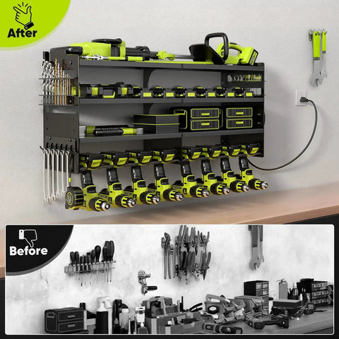 Rugged Power Tool Organizer Wall Mount With Charging Station, 4 Layer Heavy Duty Metal Tool Rack Holds 600 Lbs in garage