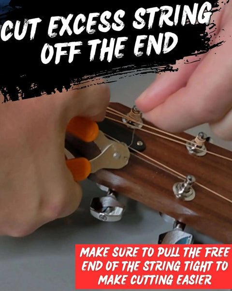 Close-up of a person using a 3 In 1 Guitar String Winder Cutter And Bridge Pin Puller For Acoustic And Electric Guitars on guitar.